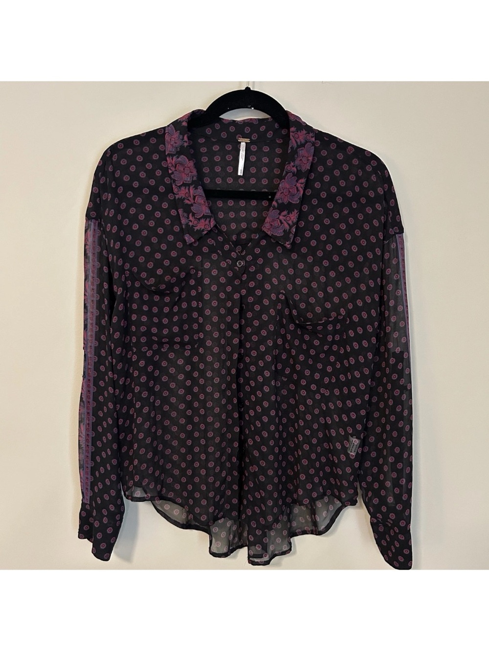 Free People Women's Size XS Top Black & Magenta Boho Sheer Grunge FP